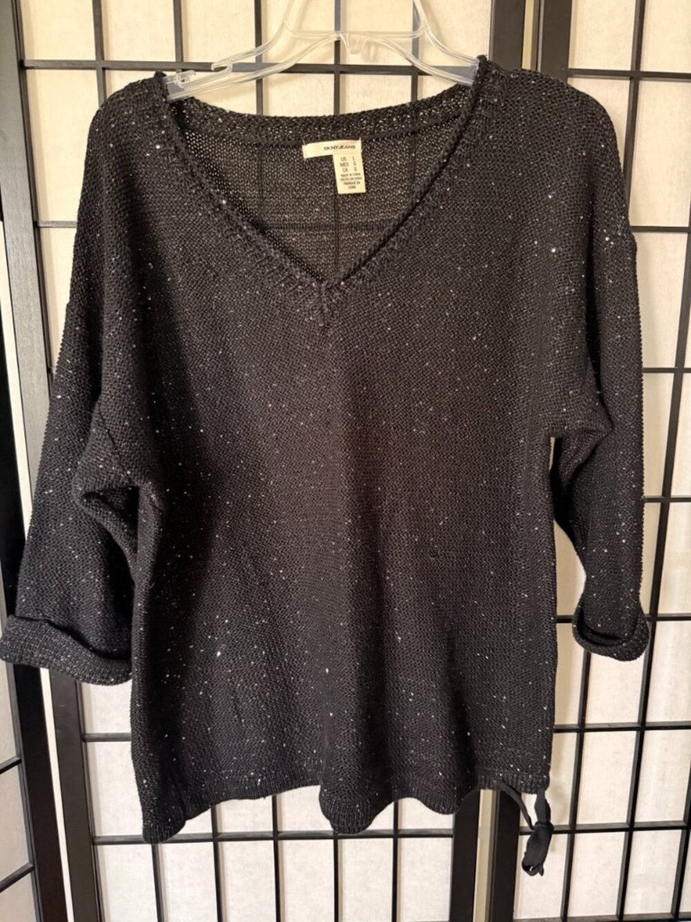 DKNY Jeans Black Sequin Sparkle V-Neck Knit Sweater Side Tie Oversized L